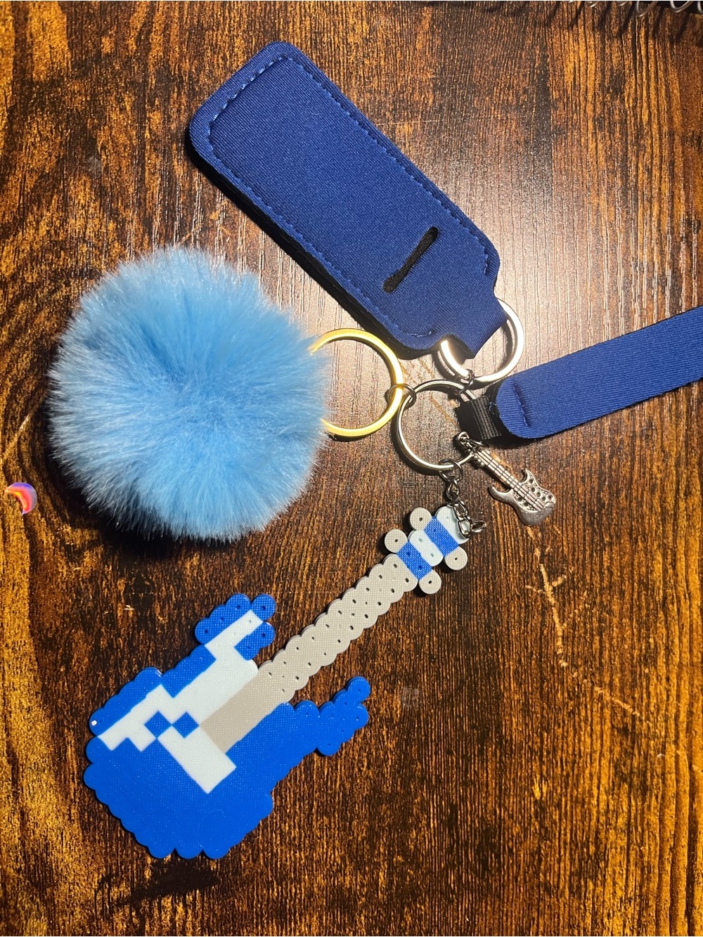 Blue Pom Pom Guitar Keychain Lanyard - Kids Accessories